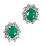 A PAIR OF EMERALD AND DIAMOND CLUSTER EAR STUDS