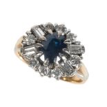 A SAPPHIRE AND DIAMOND CLUSTER RING