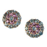 A PAIR OF AMETHYST AND TOPAZ CLUSTER EARRINGS