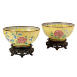 A PAIR OF CHINESE CANTON ENAMEL YELLOW GROUND BOWLS