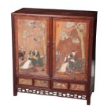 A CHINESE HARDWOOD AND SOAPSTONE INLAID CABINET