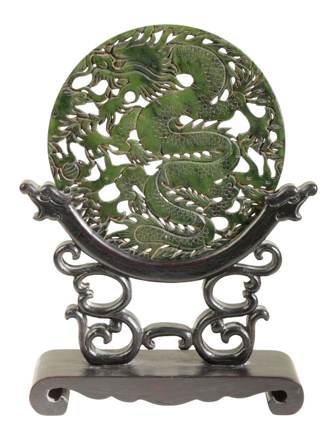 A CHINESE DARK GREEN BOWENITE CIRCULAR PLAQUE