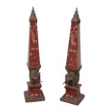 A PAIR OF EMPIRE STYLE PORCELAIN AND GILT METAL MOUNTED OBELISKS