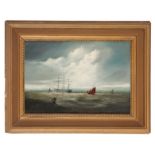 ROBERT MOORE A study of a tall ship in a harbour beside a breakwater