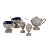 A FIVE PIECE SILVER CONDIMENT SET BY D & J WELLBY LTD