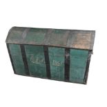 A GREEN-PAINTED AND METAL BOUND TRUNK