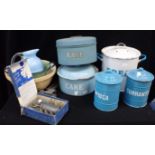 A COLLECTION OF ENAMELLED KITCHEN TINS