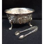 A SILVER SUGAR BOWL WITH SILVER SUGAR TONGS