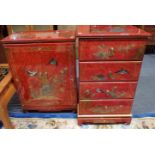 TWO MODERN CHINESE RED LACQUER CABINETS, PROFUSELY DECORATED