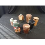 A SMALL GROUP OF HIP FLASKS AND LEATHER CASED CUPS
