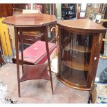 A MAHOGANY HEXAGONAL OCCASIONAL TABLE AND A BOW-FRONT GLAZED CORNER CABINET