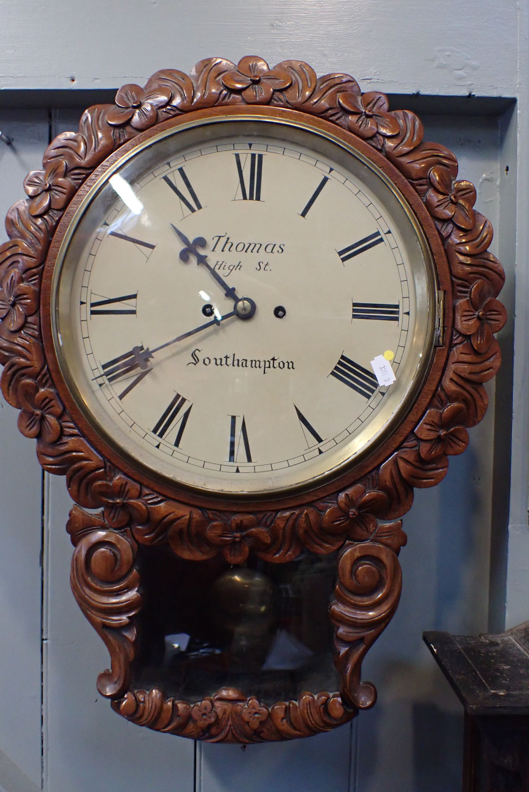 A VICTORIAN DROP-DIAL TWO-TRAIN FUSEE WALL CLOCK