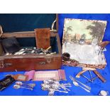 A SILVER SPOON, FORK, PLATED ITEMS AND SUNDRIES
