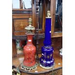 TWO VICTORIAN COLOURED GLASS TABLE LAMP BASES
