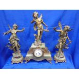 A FRENCH GILT SPELTER AND ONYX CLOCK GARNITURE