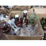 THREE VICTORIAN PAINTED DECANTERS, A VICTORIAN CENTREPIECE