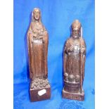 TWO CARVED WOOD FIGURES, ST. MARY AND ST. NICHOLAS