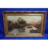 LATE 19TH CENTURY OIL ON CANVAS OF CANAL SCENE AT SUNSET