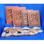 A SET OF FOUR RED-PAINTED AND PARCEL GILT CHINESE PANELS