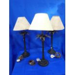 THREE PATINATED BRASS PALM TREE TABLE LAMPS