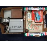 A BOXED HUNGARIAN TINPLATE TOY CAR SET, A CAMBRIDGE FLUXMETER, MICROSCSOPE