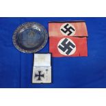 A BOXED IRON CROSS, WITH PIN, TWO NAZI STYLE ARMBANDS