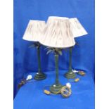 THREE PATINATED BRASS PALM TREE TABLE LAMPS