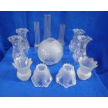 A COLLECTION OF GLASS SHADES, OIL LAMP CHIMNEYS AND GLOBES