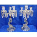 A NEAR PAIR OF CUT, MOULDED AND FROSTED GLASS CANDELABRA