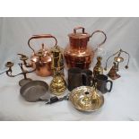 A BRASS MINER'S LAMP BY W. E. TEALE & Co., A COPPER KETTLE