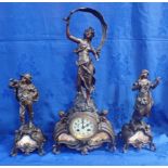 A LATE 19TH CENTURY FRENCH BRONZED SPELTER CLOCK GARNITURE