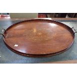 AN OVAL MAHOGANY TRAY, WITH MARQUETRY CENTRE
