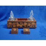 A 19TH CENTURY TUNBRIDGE WARE DESK STAND WITH TWO INKWELLS