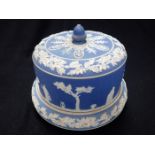 A VICTORIAN JASPER WARE CHEESE STAND AND COVER