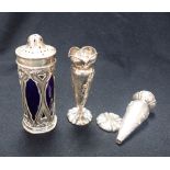 A SILVER AND BLUE GLASS SUGAR SIFTER IN ART NOUVEAU STYLE