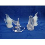 A LALIQUE GLASS FIGURE WITH SWAN, A LALIQUE BIRD PIN DISH