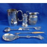 A SILVER PLATED TANKARD WITH OTHER PLATED ITEMS