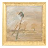 A WATERCOLOUR OF A SEABIRD ON A WOODEN STILT