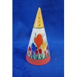 A CLARICE CLIFF 'CROCUS' CONICAL SUGAR SHAKER