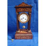 A 19TH CENTURY ROSEWOOD AND MARQUETRY PORTICO CLOCK