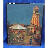 A NAIVELY PAINTED FAIRGROUND SCENE, OIL ON BOARD