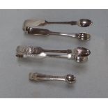 THREE SILVER SUGAR TONGS