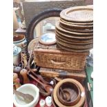 TWO WICKER PICNIC BASKETS, PLACEMATS, WELSH SPOONS