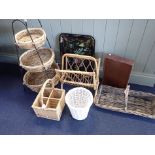 AN THREE-TIER WICKER AND METAL FRAMED VEGETABLE RACK