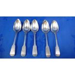 A SET OF FIVE GEORGE III SILVER FIDDLE PATTERN DESERT SPOONS