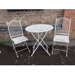 A MODERN METAL GARDEN TABLE AND TWO CHAIRS