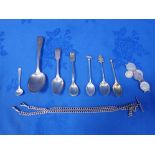 A COLLECTION OF SMALL SILVER, SPOONS, A WATCH CHAIN