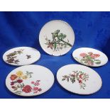 FIVE COALPORT PLATES PAINTED WITH FLORA AND FAUNA