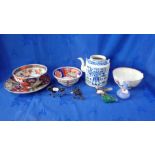 A FAMILLE ROSE BOWL AND A BLUE AND WHITE TEAPOT