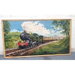 A FRAMED TAPESTRY/RUG DEPICTING A GWR EXPRESS AT SPEED